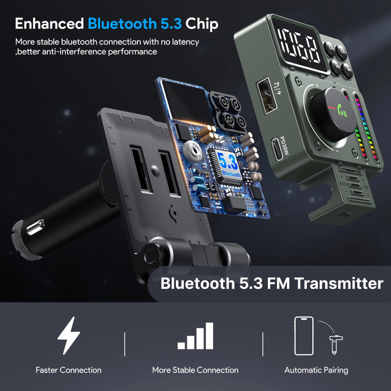 Bluetooth 5.3 FM Transmitter with Adjustable Treble & Bass