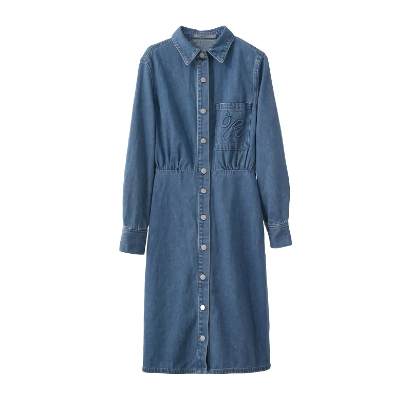 Denim Shirt Dress with Lapel Collar and Letter Embossing