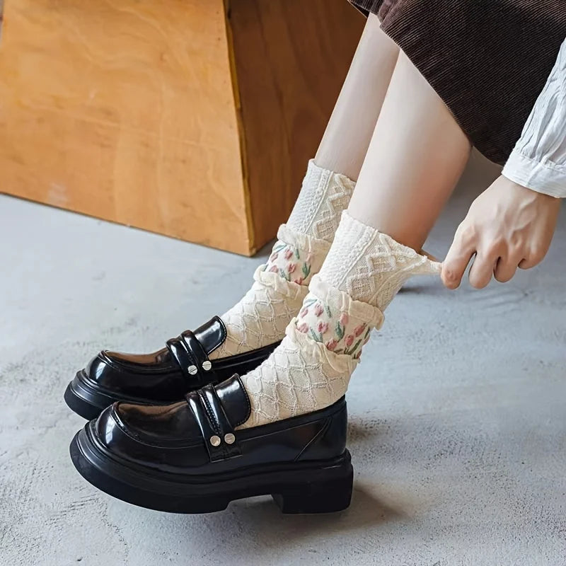 4 Pairs Floral Socks Set - Cute Flower Geometric Ankle Cotton Blend Socks