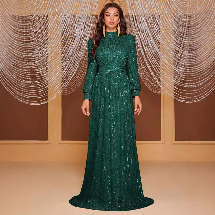 Pure Color Sequins Long Sleeve Stand Collar Evening Long Dress Simple And Elegant