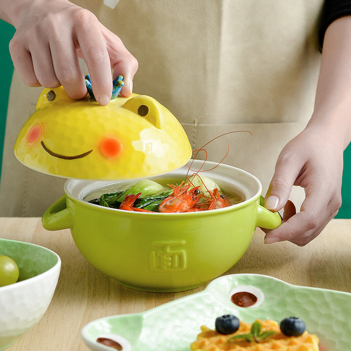 Ceramic Instant Noodle Cute Double-ear With Lid Cartoon Frog Soup Bowl