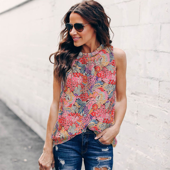 Floral Print Pullover Vest For Women Summer Round Neck Sleeveless Ruffle Top Women