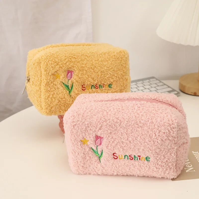 Cute Embroidered Flowers Cosmetic Bag