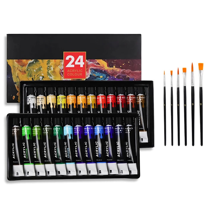 Professional Acrylic Paint Set - 12ml Tubes in 24 Vibrant Colors with Brush Set