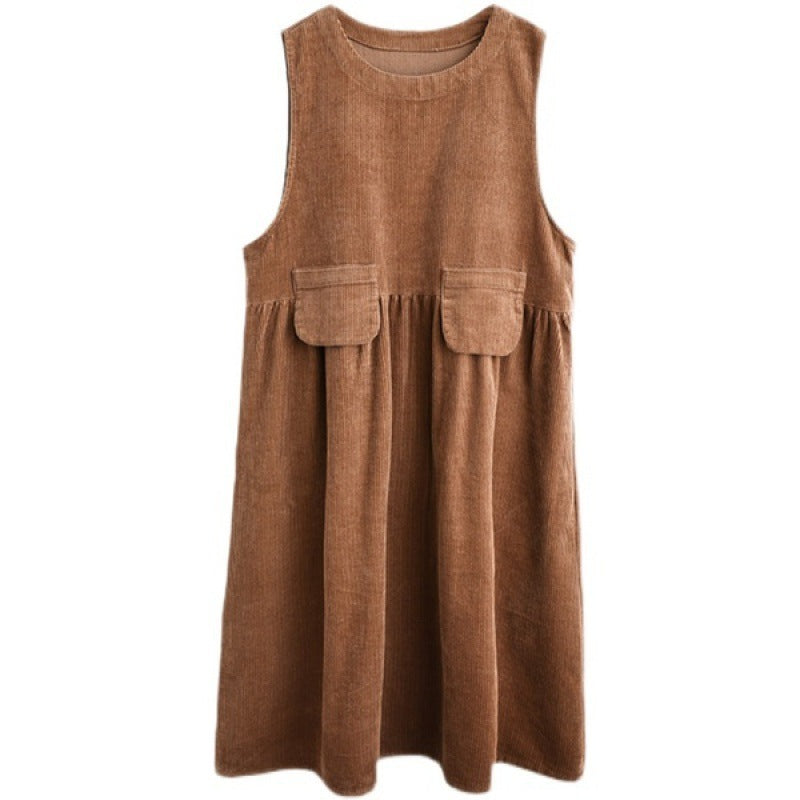 Corduroy Mid-length Dress Women's Artistic Plus Size Pocket Sleeveless Vest Dress