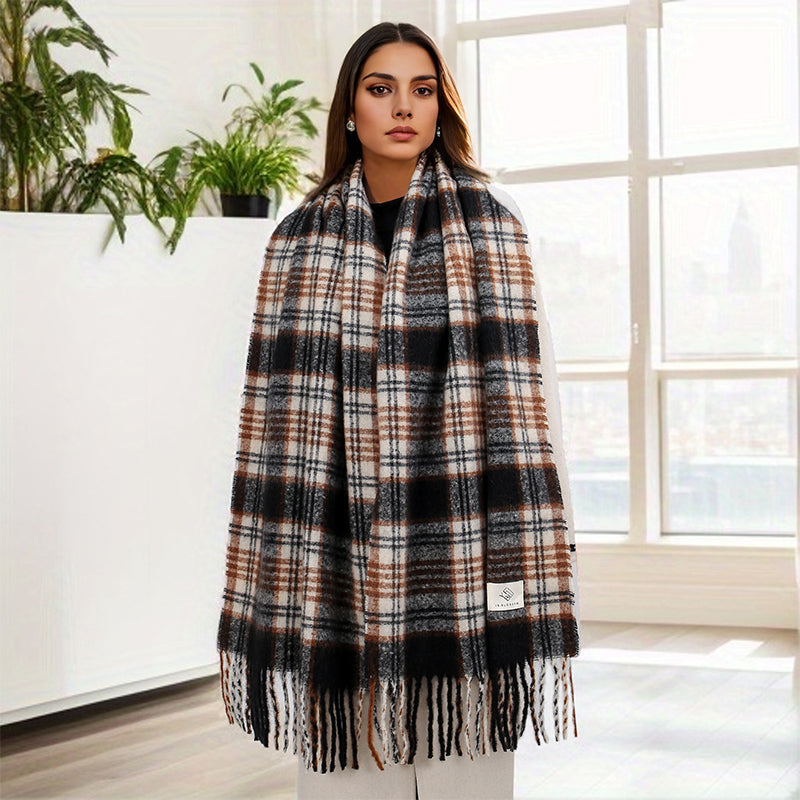 Elegant Checkered Cashmere Shawl Scarf - Thick & Warm Wrap