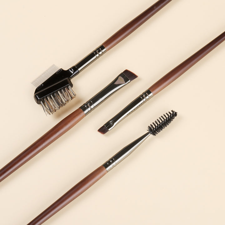 4-Piece Angled Eyebrow and Eyeliner Brush Set with Wood Handle