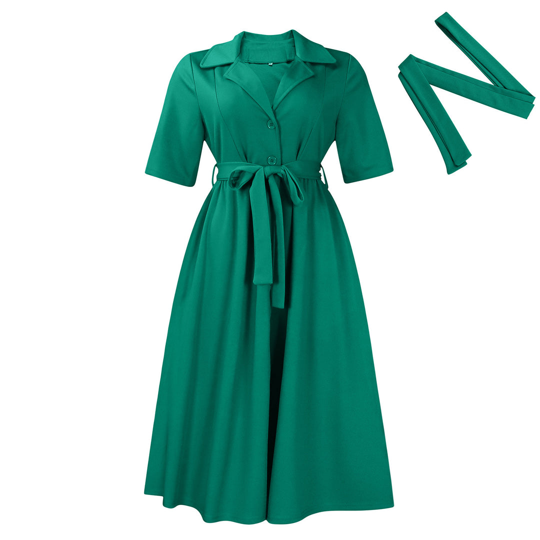 Short Sleeve Suit Collar Strap Solid Color Dress