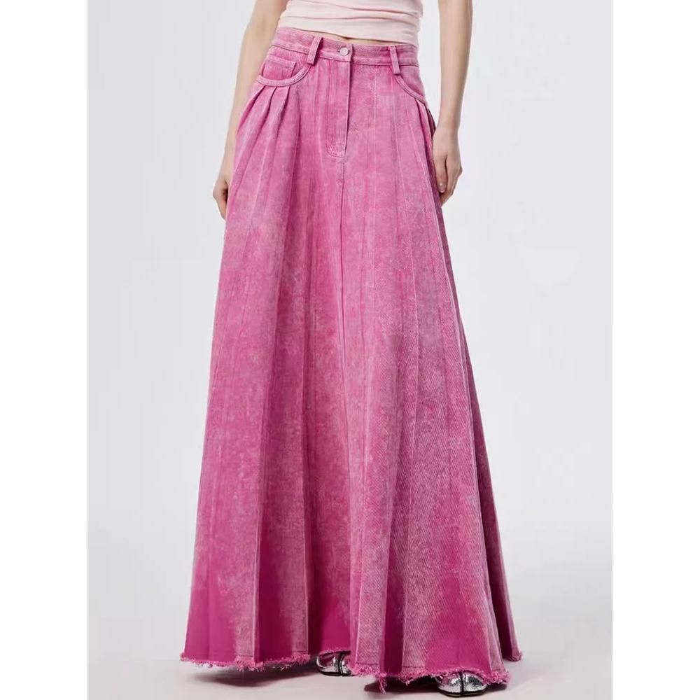 High Waist A-line Floor-Length Denim Skirt in Flash Rose Pink