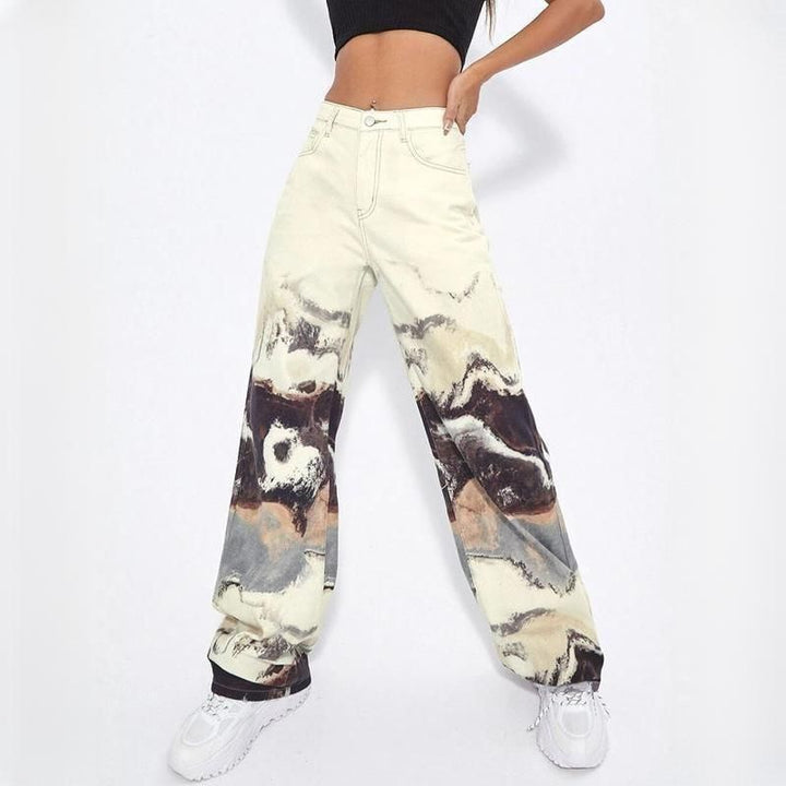 Korean Tie Dye Wide Leg High Waist Jeans