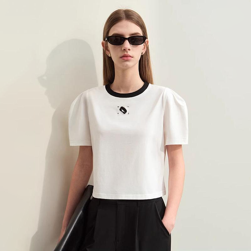 Summer Embroidered O-Neck T-Shirt with Mutton Sleeves