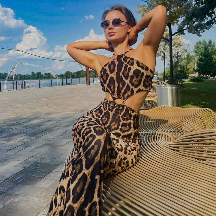 Women's Summer Sexy Leopard Print Halter Backless Hip Dress