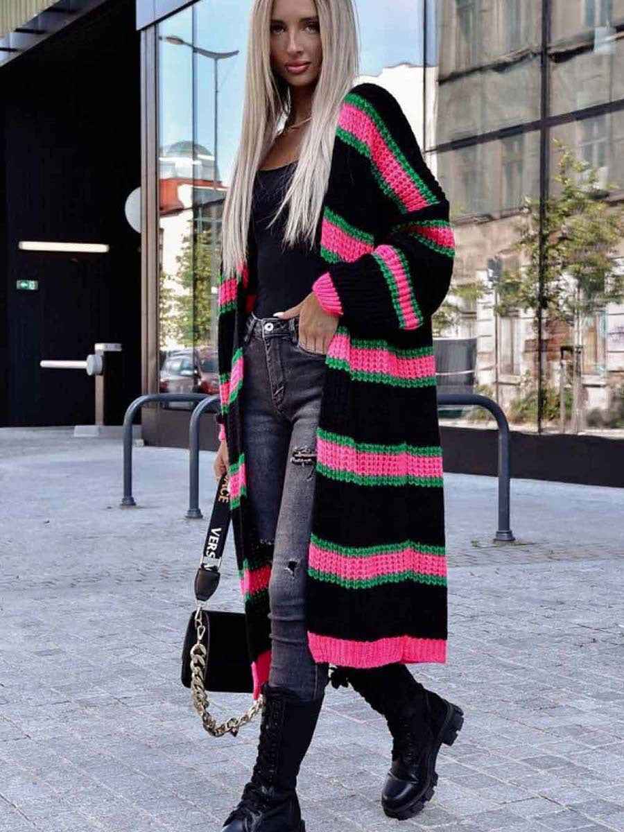 Striped Color Block Long Sleeve Knitted Sweater Baggy Coat