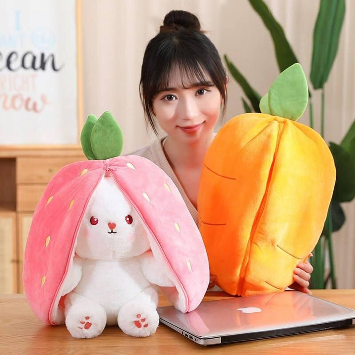 Charming Strawberry Carrot Rabbit Plush Toy - Transformable Fruit to Bunny Stuffed Doll