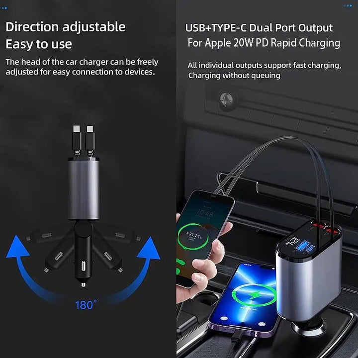 High-Speed 4-in-1 Retractable Car Charger with Dual USB, Type-C & Lightning Cables