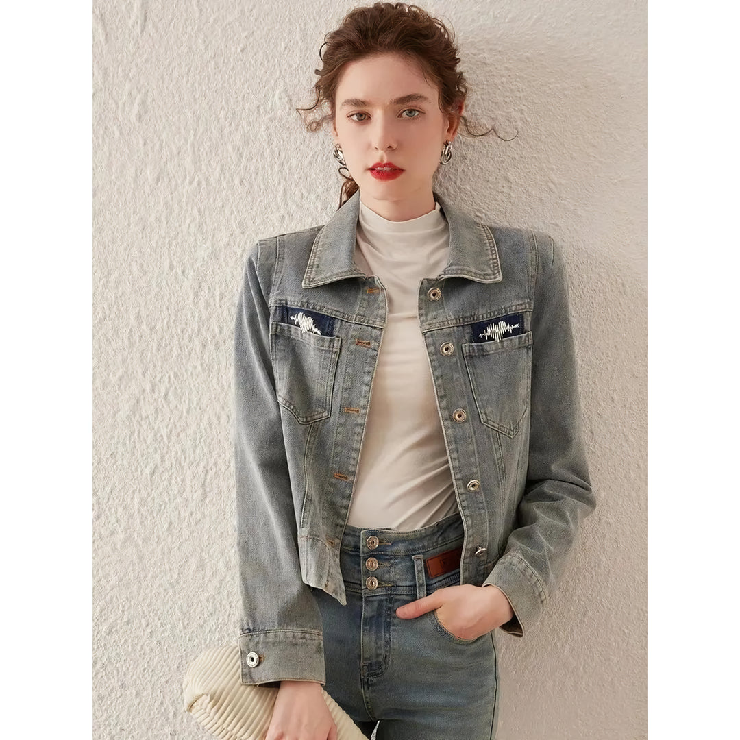 Spring Retro Washed Denim Jacket with Turn Down Collar