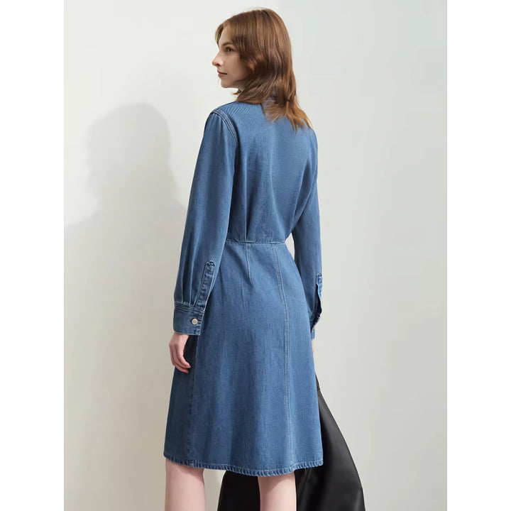 Denim Shirt Dress with Lapel Collar and Letter Embossing