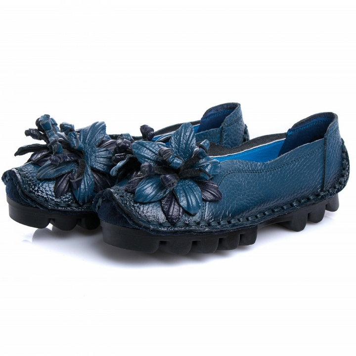 Mocassins plats à fleurs confortables à semelle souple en cuir véritable