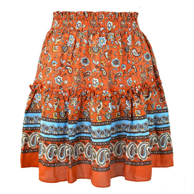 Ethnic Women Elastic Waist Floral Ruffle Pleated Printed Mini Short Skirts