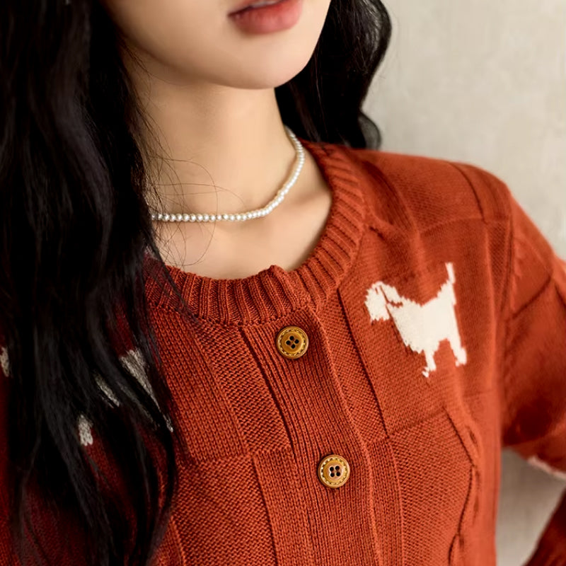 Casual Knitted Dog Pattern Cardigan