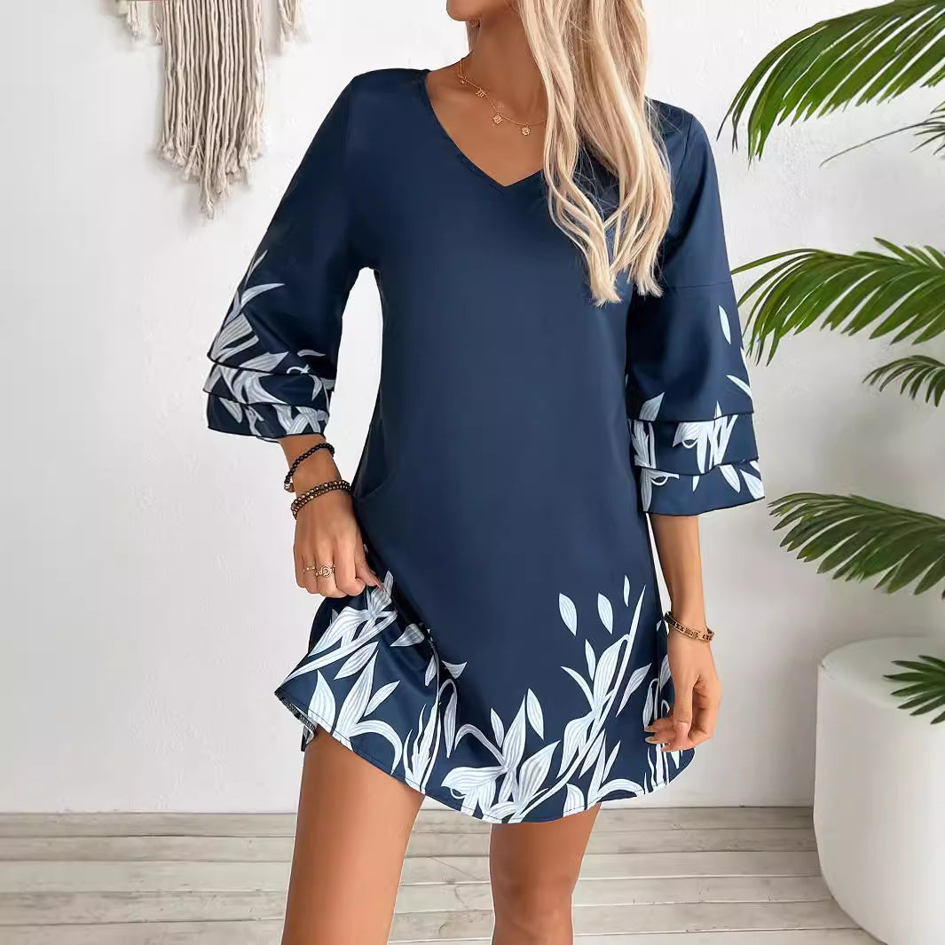 Women's Fashion Lotus Sleeve Floral Print Dress