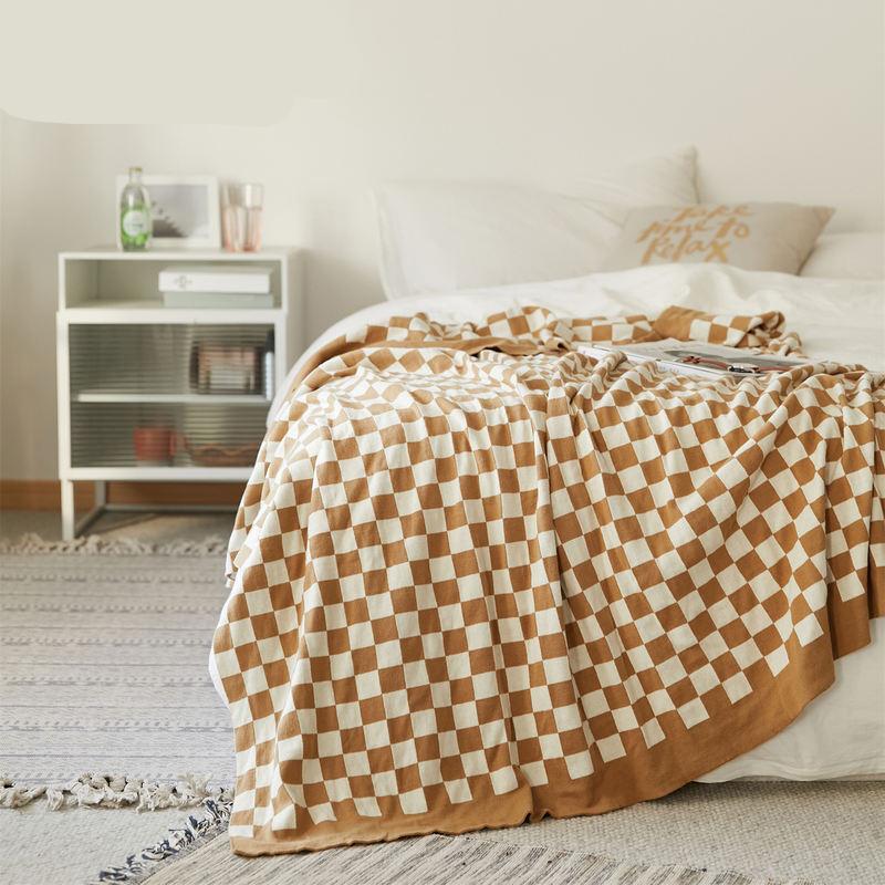 Cozy Checkerboard Plaid Cotton Knitted Blanket for Home Décor