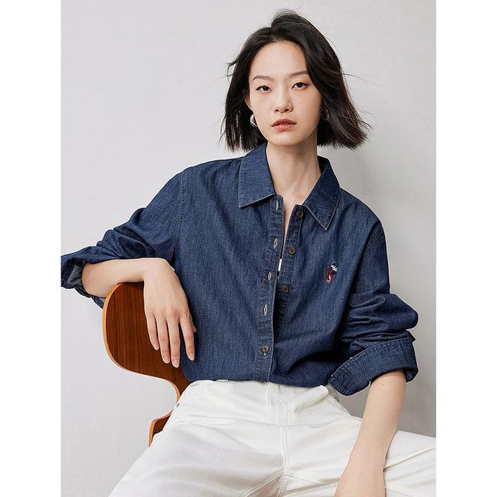 Autumn Embroidered Pure Cotton Polo Collar Denim Shirt