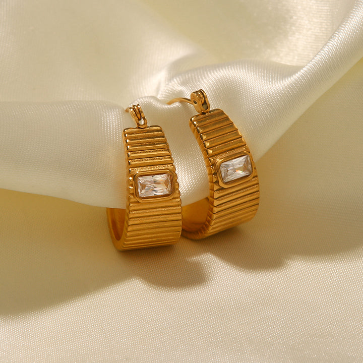 18K Gold Plated Stainless Steel Square White Zircon Ribbed Earrings