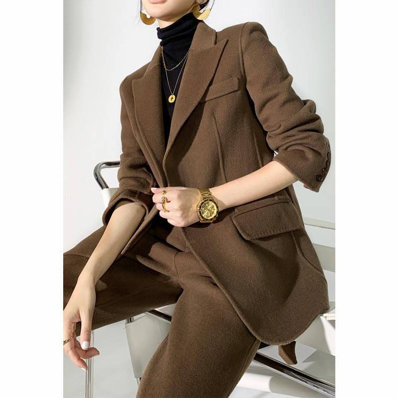 Autumn Winter Elegant Woolen Pant Suits with Belted Jackets and Warm Trousers for Women