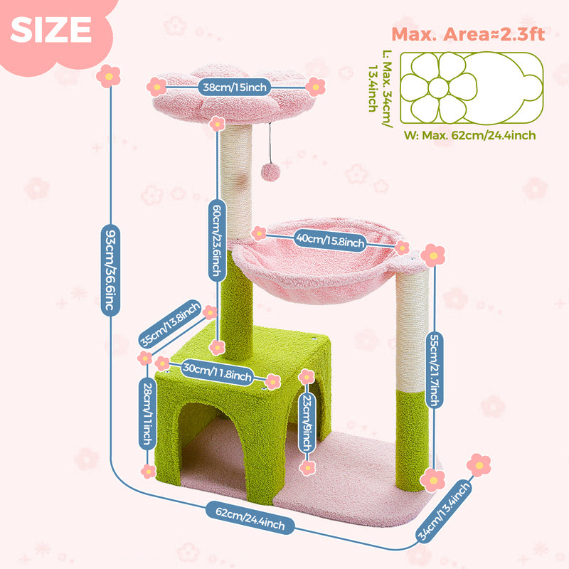 Cute Flower Cat Tree with Condo, Hammock & Sisal Scratching Posts for Indoor Kittens