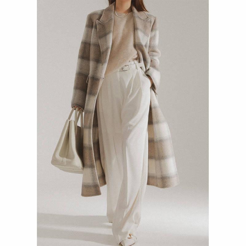 Elegant Plaid Double Breasted Long Woolen Coat for Women