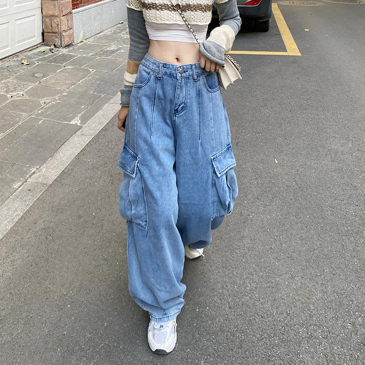 Retro Workwear Denim Women's Straight Loose Wide-leg Pants