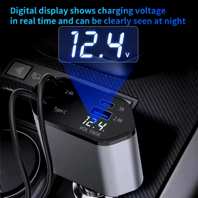 120W 4-in-1 Retractable Car Charger with USB-C and Dual USB Ports for iPhone & Android