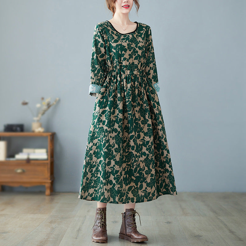 Retro Art Floral Print Cotton And Linen Dress