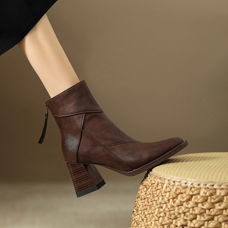 Women's Chunky Heel Boots Brown British Style Retro