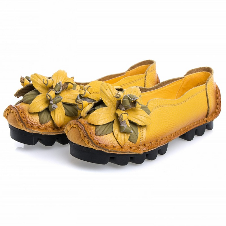 Mocassins plats à fleurs confortables à semelle souple en cuir véritable