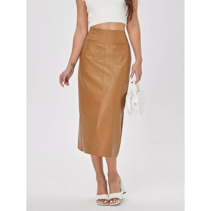 Elegant High-Waist Faux Leather Straight Skirt