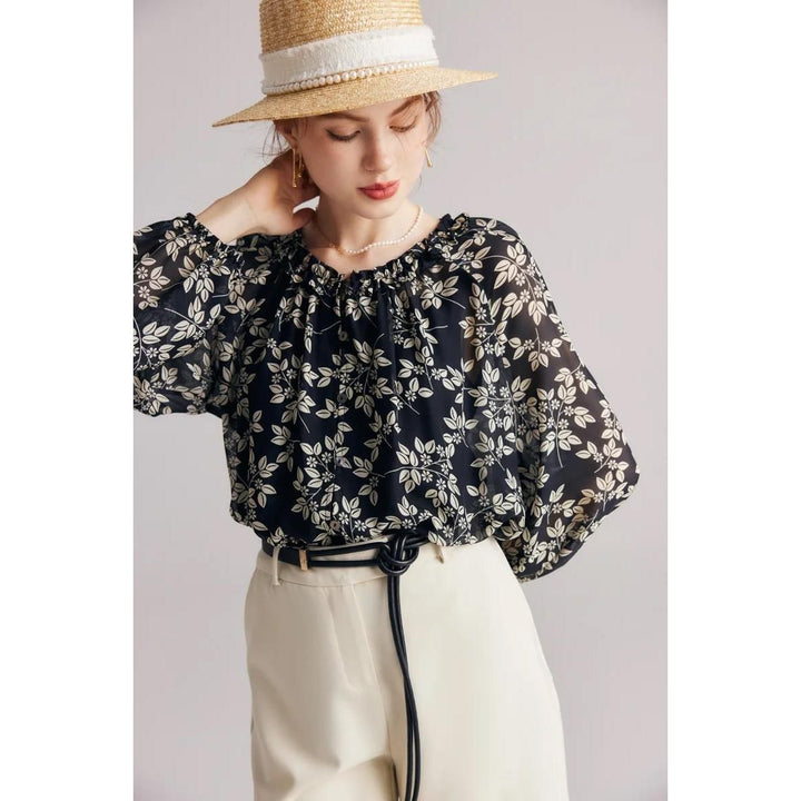 Floral Ruffle Silk-Blend Casual Blouse