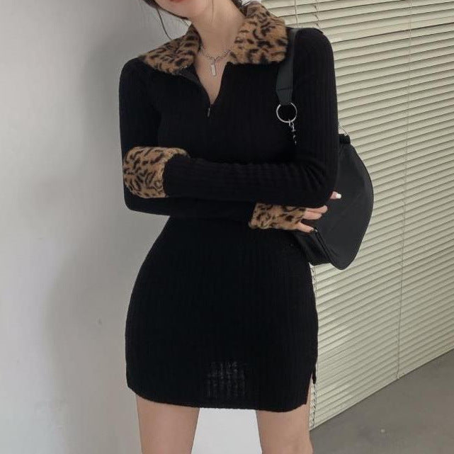 New Leopard Print Long Sleeve Padded Dress Women