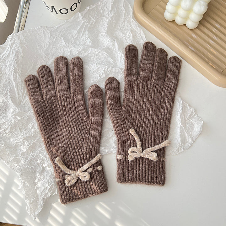 Autumn And Winter New Bow Pure Color Warm Keeping Finger Gloves