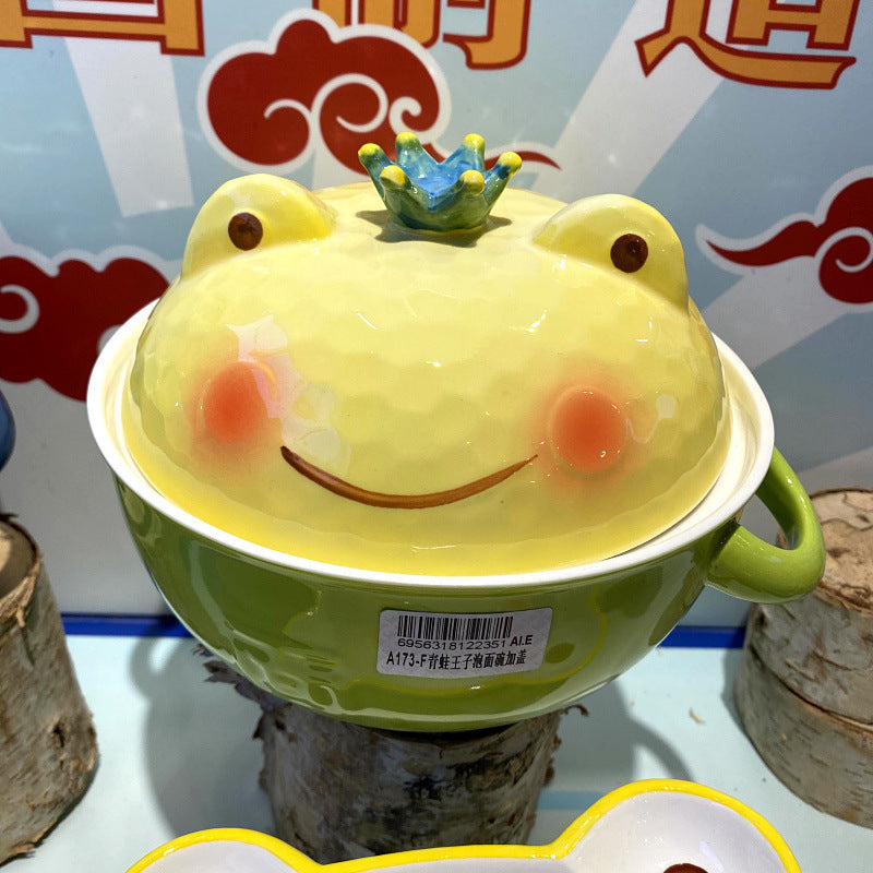 Ceramic Instant Noodle Cute Double-ear With Lid Cartoon Frog Soup Bowl