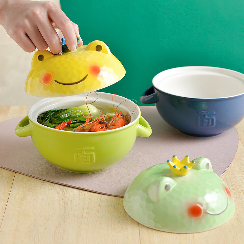 Ceramic Instant Noodle Cute Double-ear With Lid Cartoon Frog Soup Bowl