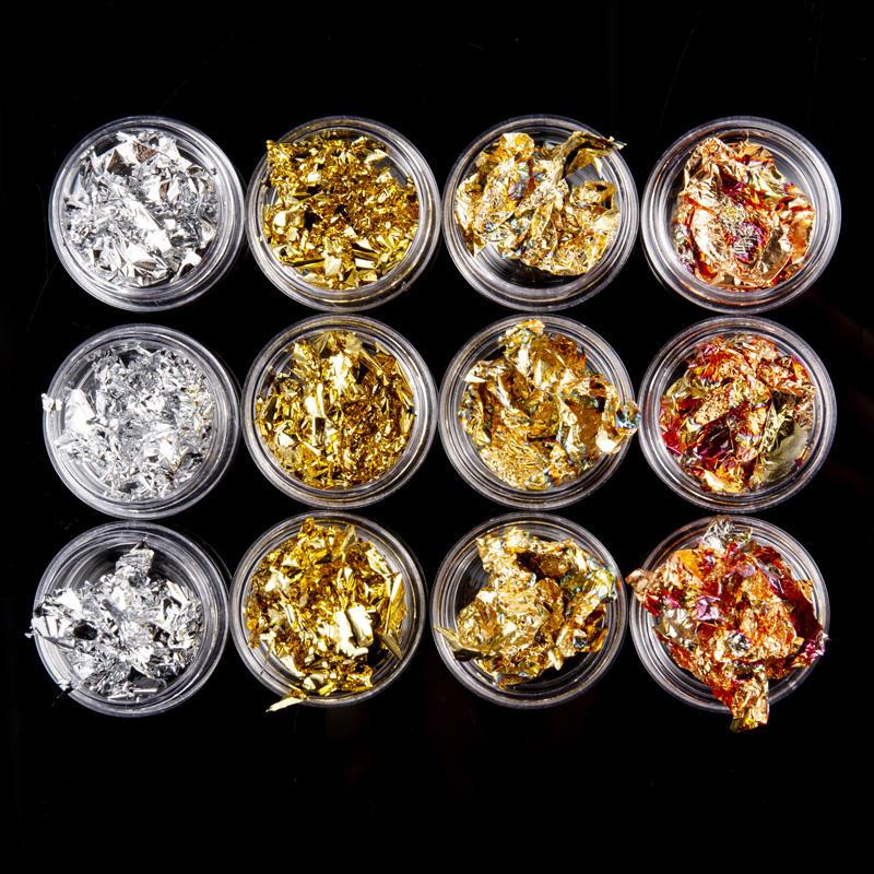 12 Pot Gold Silver Nail Art Glitter Foil Paillette Chip Set