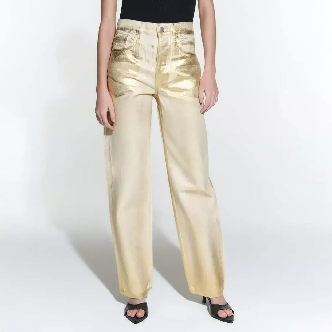 High Waist Gold Coated Straight Jeans