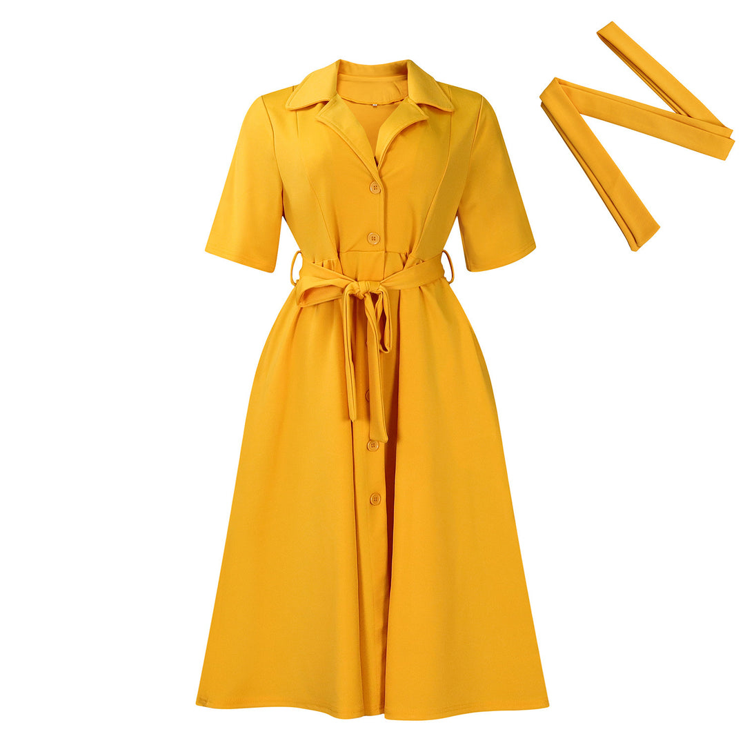 Short Sleeve Suit Collar Strap Solid Color Dress