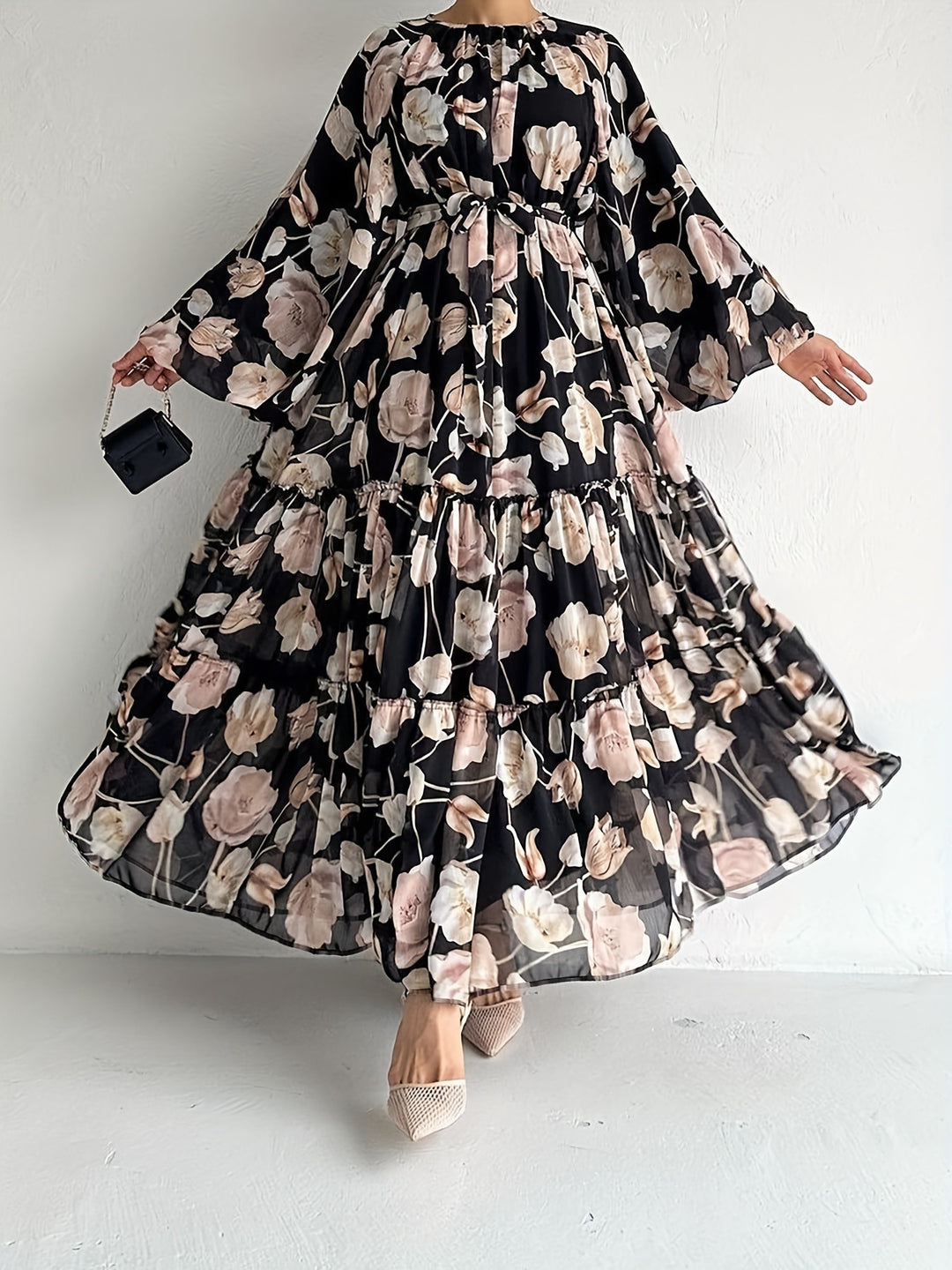 Middle East Chiffon Flower Print Long Fashion Elegant Dress