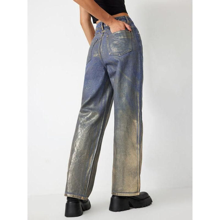 Colorblock Casual Denim Floor Length Trousers For Women