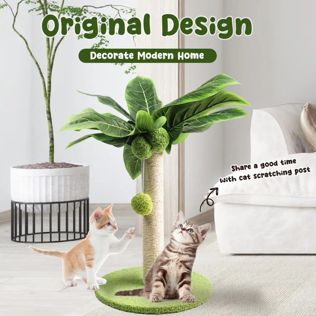 Green Leafy Cat Scratching Post with Sisal Rope and Playful Balls