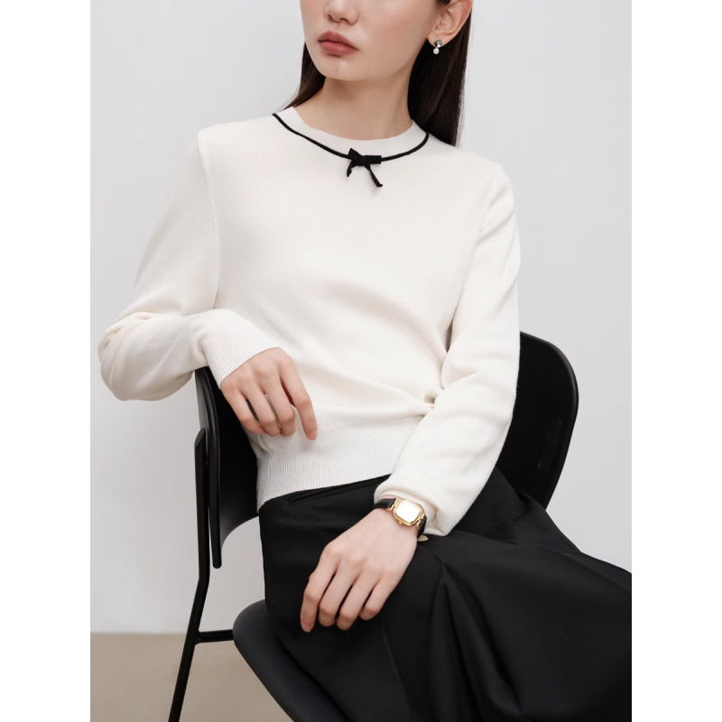 Petite Simple Wool Knitted Sweater with Bow Detail