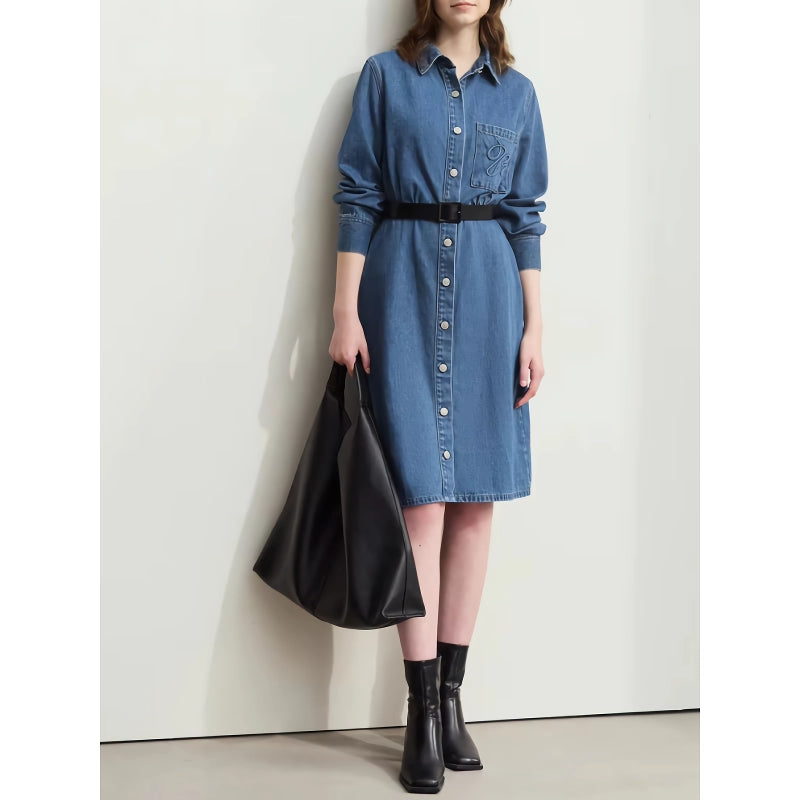 Denim Shirt Dress with Lapel Collar and Letter Embossing